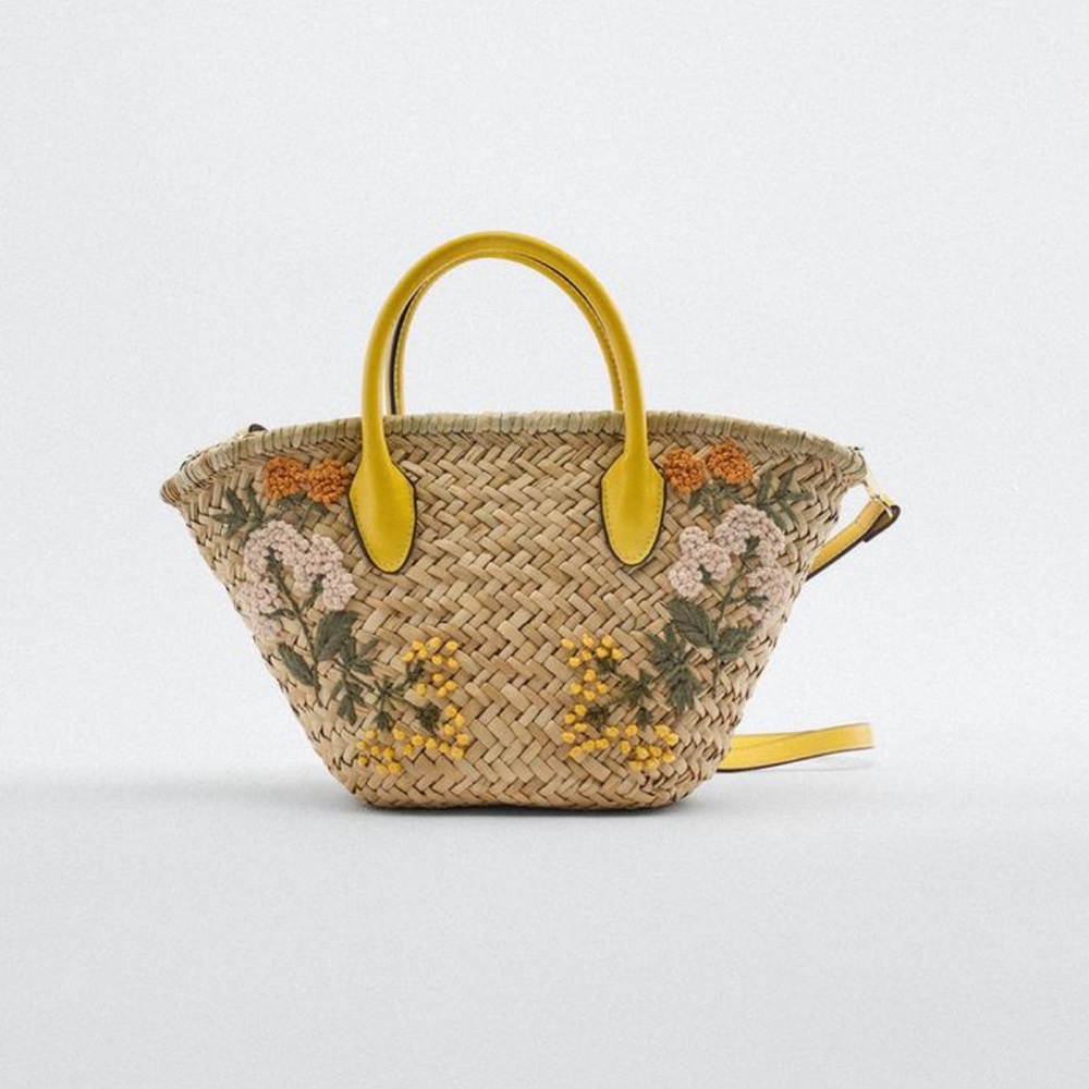 Zara Floral Raffia Tote With Crossbody Strap